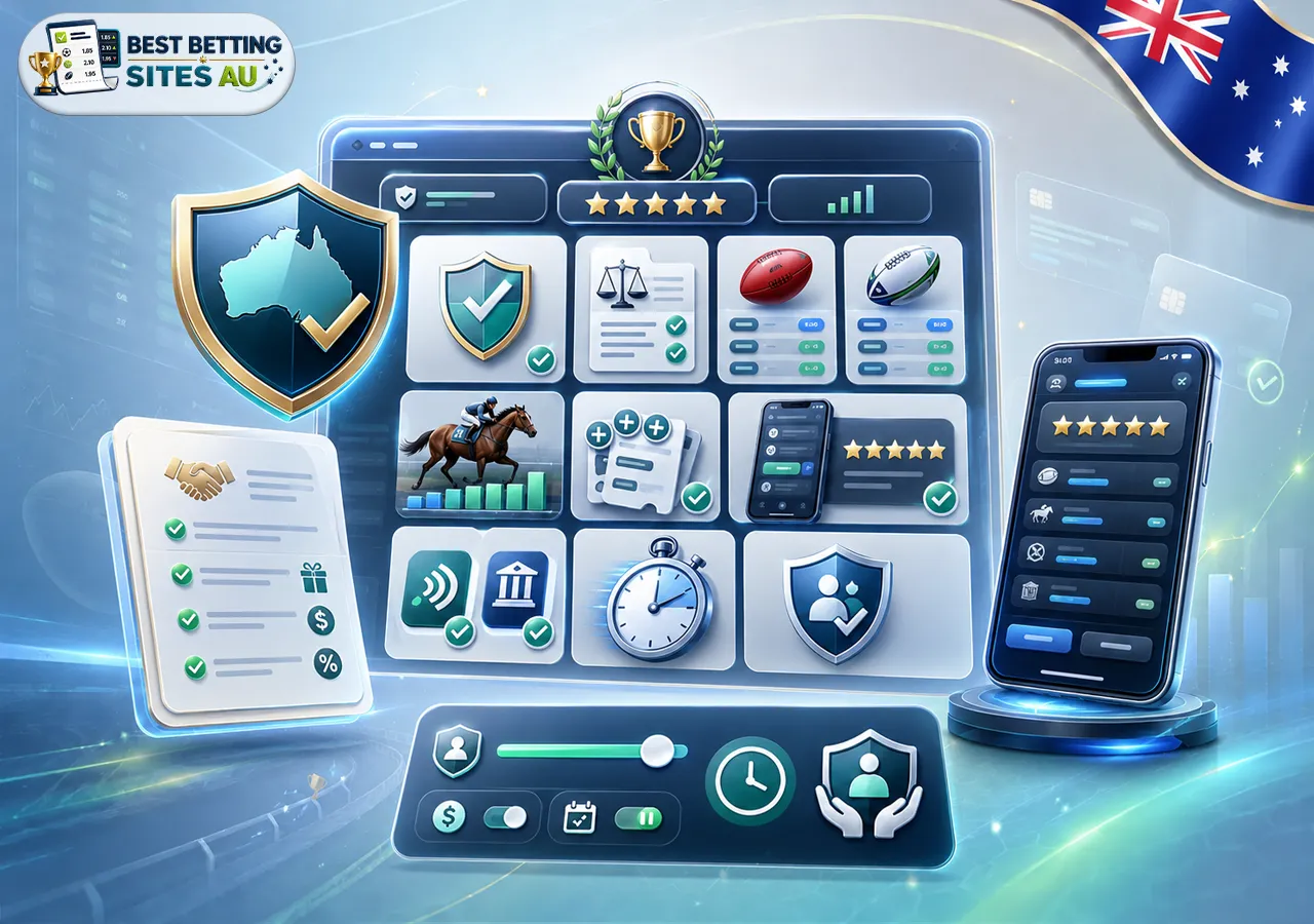 Start betting steps guide with registration, verification, payment, sportsbook comparison, and responsible play icons.