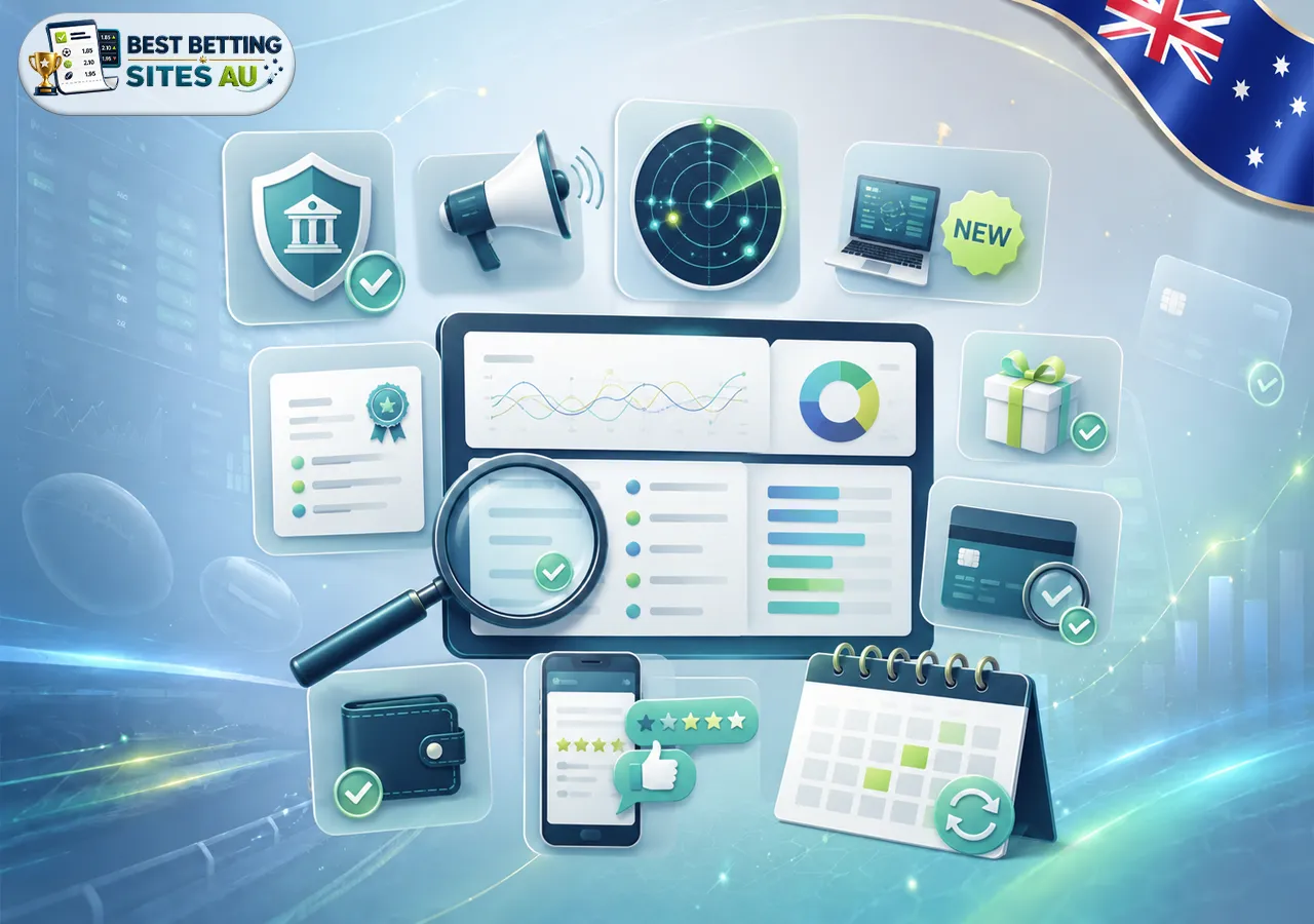 Betting site ranking criteria with checklist, magnifier, trophy leaderboard, payment wallet, sports icons, and ratings dashboard.