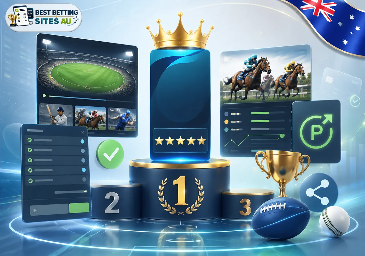 Top Australian betting sites comparison table with sports icons, ratings, payment options, mobile support, and security checks.