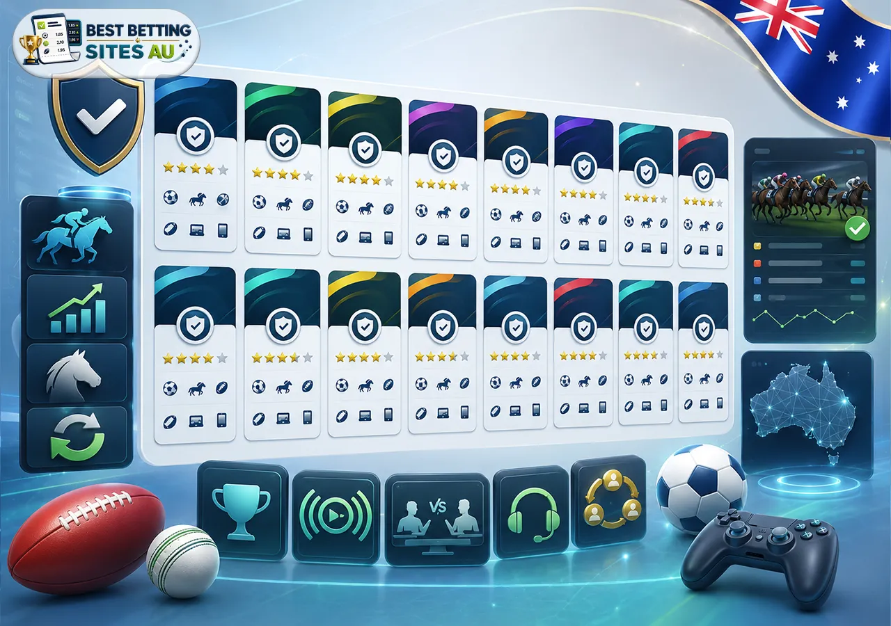Australian betting sites reviewed on laptop and mobile with ratings, safety score, payment icons, and sports markets.